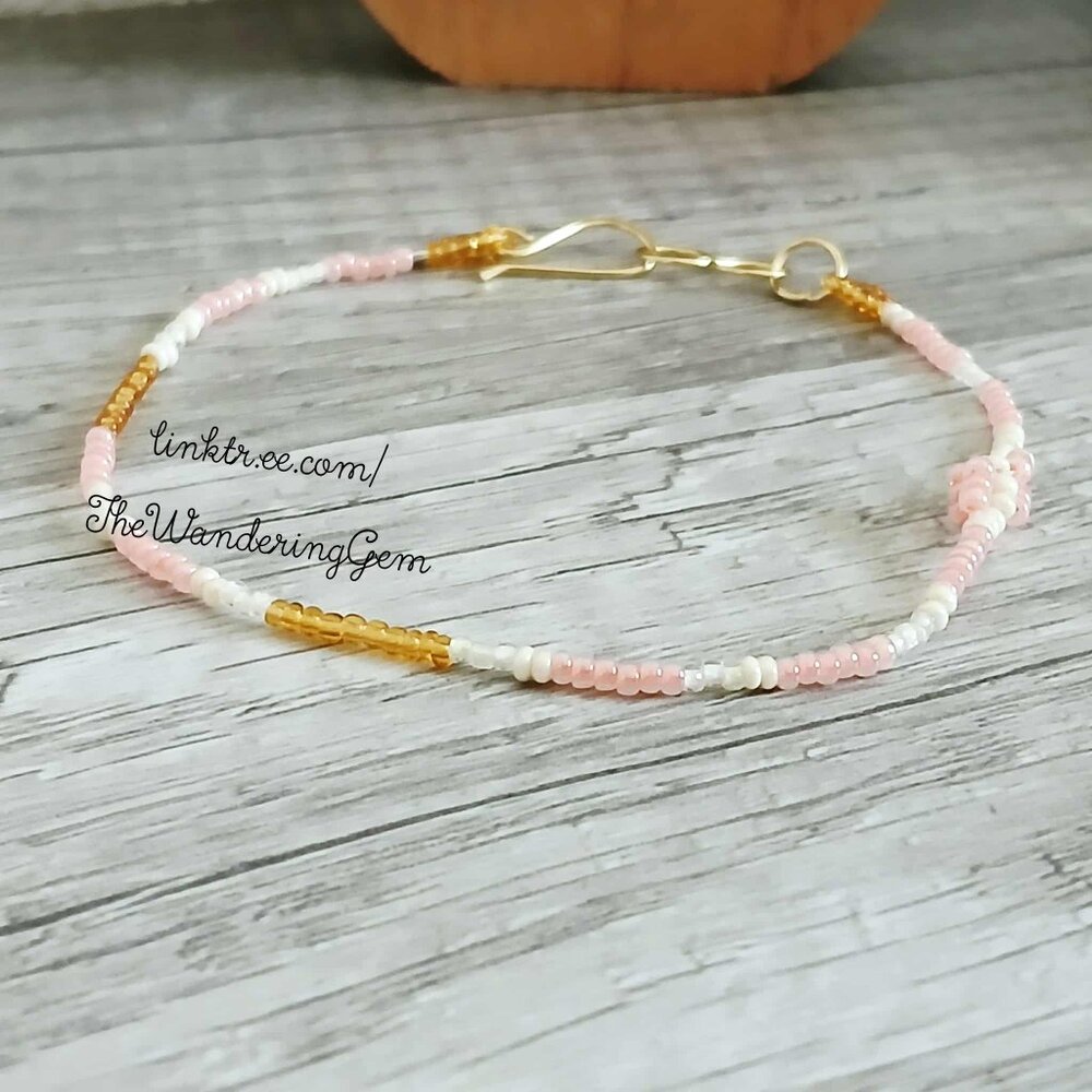 Dainty Beaded Bracelet, Pink White Gold Minimalist Seed Bead Jewelry, 8"